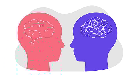  Two individuals with distinct brain shapes illustrated in their heads, symbolizing diverse thinking styles and perspectives.