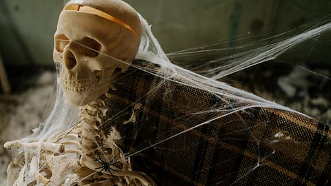 Image of a skeleton in a dark and old place.