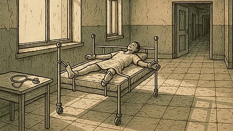 A diagram of a man being tied to a bed. 