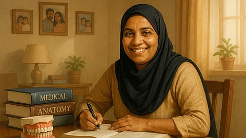 An AI image of a woman sitting at a study desk smiling and writing something in her notebook.  
