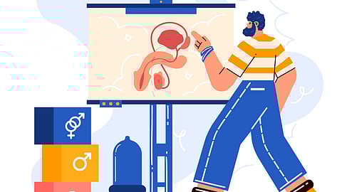 A man illustrates a human body diagram on a whiteboard, focusing on anatomical features.