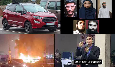 Collage of the suspects and red ford car