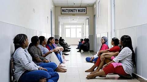 An image of a hallway of maternity ward with women sitting on floor.