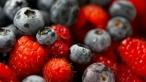 Close-up image of fresh blueberries and raspberries.