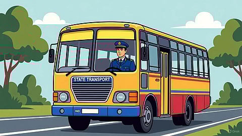 An image of a state bus with driver.