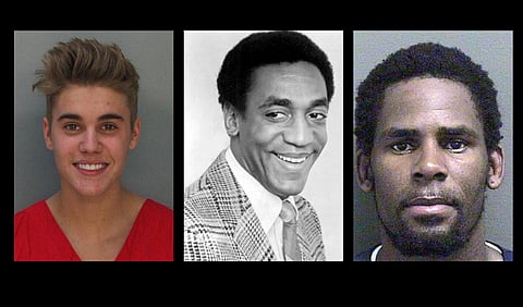 Images of Justin Bieber, R. Kelly, and Bill Cosby