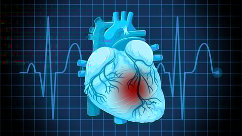 Illustration of a human heart set against a blue background, showcasing anatomical details and vibrant colors.
