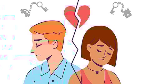 Illustration of a couple facing roommate syndrome having a white background.