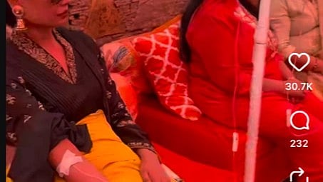 Image of a woman taking multivitamin through IV therapy at a wedding.