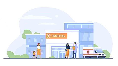 Illustration showing image of a hospital and some people in front of it.