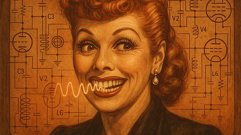 “A surreal illustration of Lucille Ball smiling with a faint radio wave pattern emanating from her teeth, blending Hollywood glamour with vintage radio schematics in the background. Warm nostalgic tones with a humorous yet mysterious vibe.”