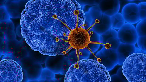 Blue cell structures contrast with an orange virus-like shape with protruding spikes on a dark background.