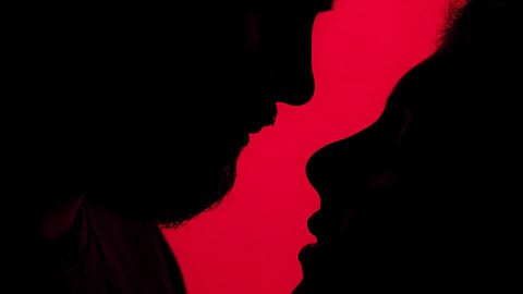 Silhouette of a man and woman standing together against a light background.