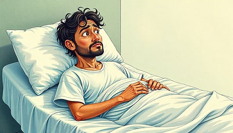 male sick patient Indian on hospital bed, frail, hospital gown, folded blanket, weary expression