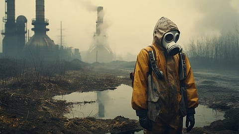 Illustration of a man wearing an oxygen mask as the AQI is severe.