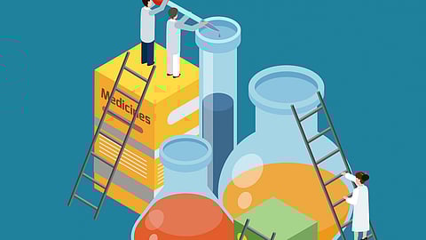 Illustration showing cartoons of scientists working in a laboratory.