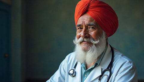 Elderly Punjabi doctor with turban, white doctor's apron and stethoscope, lined face, gentle compassionate eyes