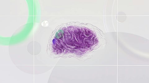 Abstract image featuring a purple, brain-like structure with green and blue accents on a light background.