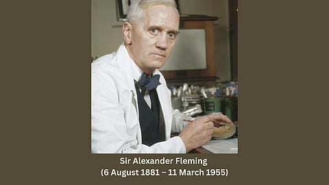 Image of Sir Alexander Fleming in a lab working on his experiment.