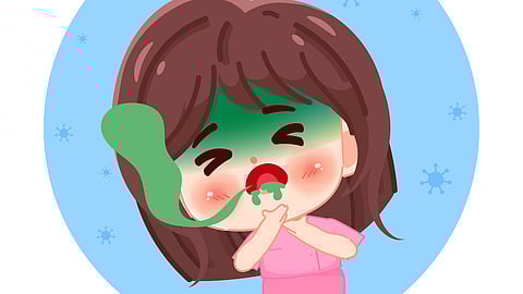 A cartoon of a girl who is unwell and vomiting green colored liquid.