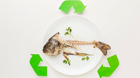A fish on a plate accompanied by a green recycling symbol, highlighting sustainable seafood practices.