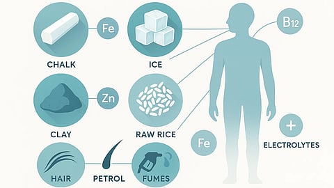 An illustration showing unusual cravings like chalk, ice, clay etc.