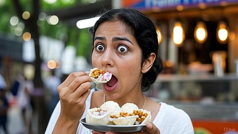 An image of a woman eating indian snack.