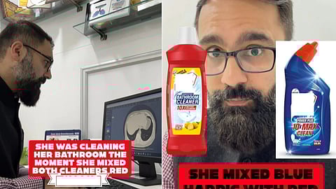 Images of Dr. Ankit Bhatia from his Instagram reel about why mixing toilet cleaners can harm you. 