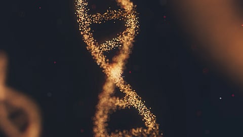 Close-up image of a DNA strand, emphasizing the spiral structure and molecular complexity.