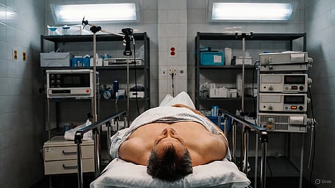 An image of a dead male body in morgue.