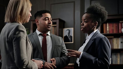 Image of different lawyers wearing formal attire, including grey blazers and white shirts paired with red ties, having a conversation with each other.