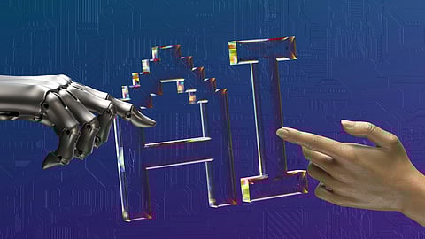 Image showing a robotic hand and a human hand reach towards each other, surrounding the letters "AI" symbolizing human-AI collaboration.
