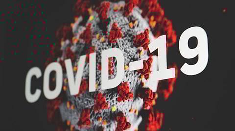 3D illustration of the COVID 19 virus in gray with red and orange spikes, featuring the text "COVID 19."