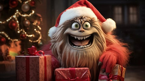 An image of a cartoon character wearing a Santa hat surrounded by colorful presents.