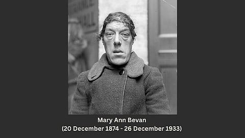 A black and white image of Mary Ann Bevan wearing a winter coat.