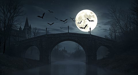 An eerie image of a bridge at night with bats and castle on the background. 