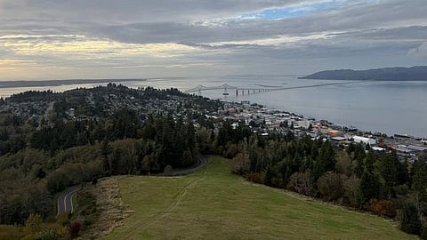 An image of a coastal town with a long bridge stretching over calm waters and greenery near coastal land.