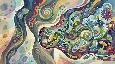 An image of abstract artwork depicting a colorful swirl of intricate shapes and patterns resembling microorganisms.