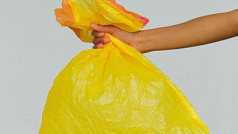 An image of a hand holding a plastic bag.
