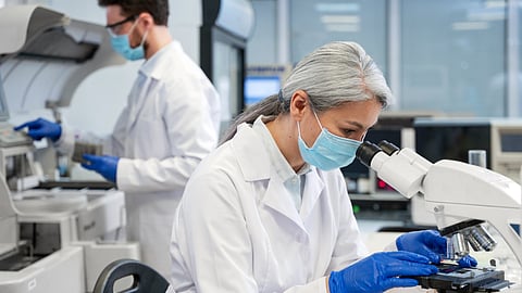 An image of scientist in a white lab coat and blue gloves uses a microscope in a bright laboratory, another scientist works in the background.