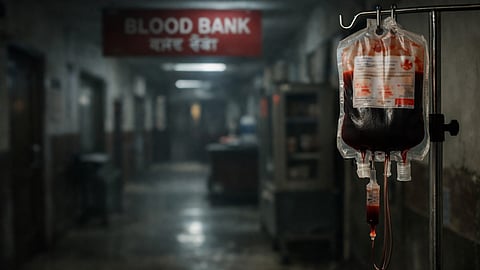 A symbolic illustration of a child’s small hand resting near a hospital bed rail, an IV stand beside it with a blood bag