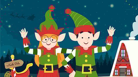 Flat christmas season illustration with elves waving