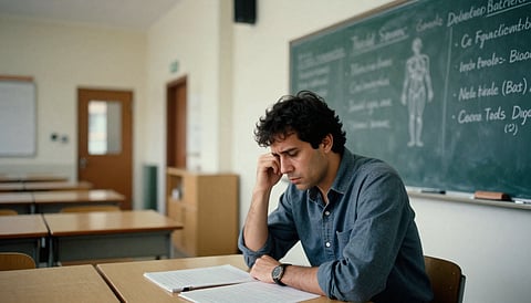 Portrait-style image of a stressed lecturer looking at sparse classroom, chalkboard with anatomy notes, medical college corridor behind