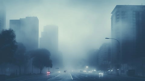 An image of foggy city street at dawn with blurred skyscrapers and dim car headlights.