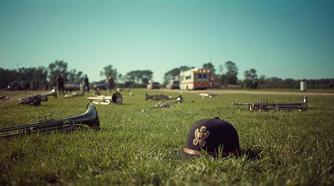 Vintage-style scene of scattered abandoned brass instruments on green grass under a clear blue sky, a lone marching band hat on the ground, distant ambulances with lights off at field edge, soft light