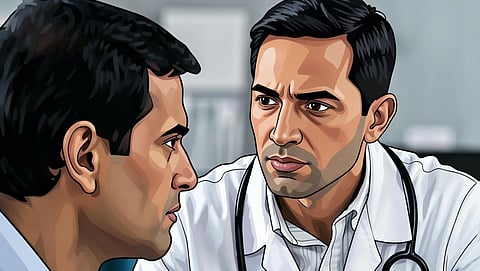 An image of a doctor and a patient, doctor looking angrily at patient.