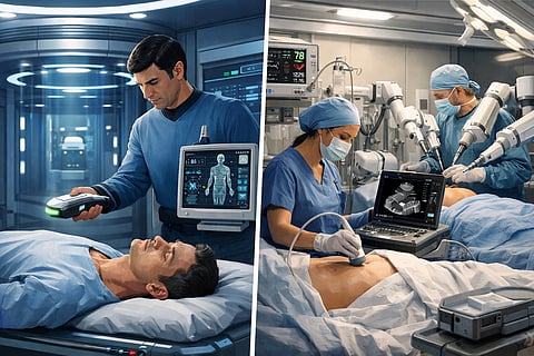 On the left, a classic sci-fi hospital inspired by Star Trek. On the right, a modern ICU with real medical equipment. 