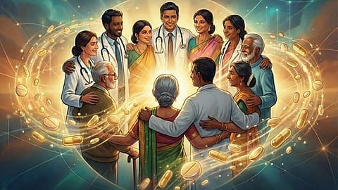 An image showing common man and doctors standing hands