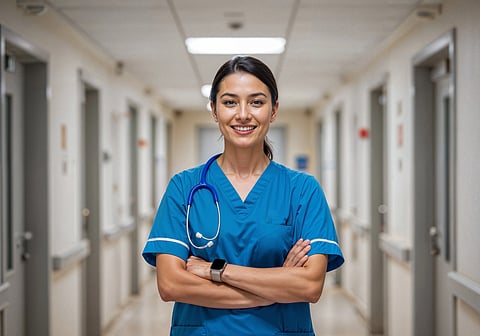 An image of a woman in blue scrubs. 