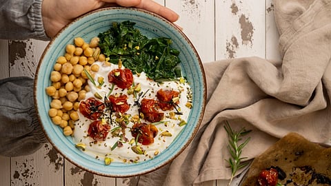 Delicious yougurt meal with chickpeas and dried tomatoes